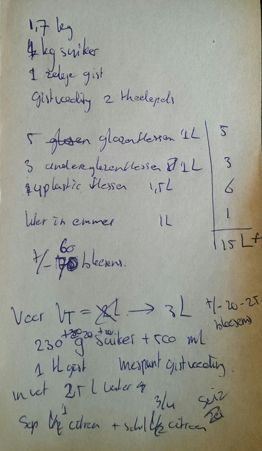 Marilisa picked our memories to estimate the relative quantities that went into our first batch of elderflower bubbles, to replicate it into a small second batch. The second batch was on the basis of 3 liters, because there weren’t many elderflower heads left to be found a few weeks later.